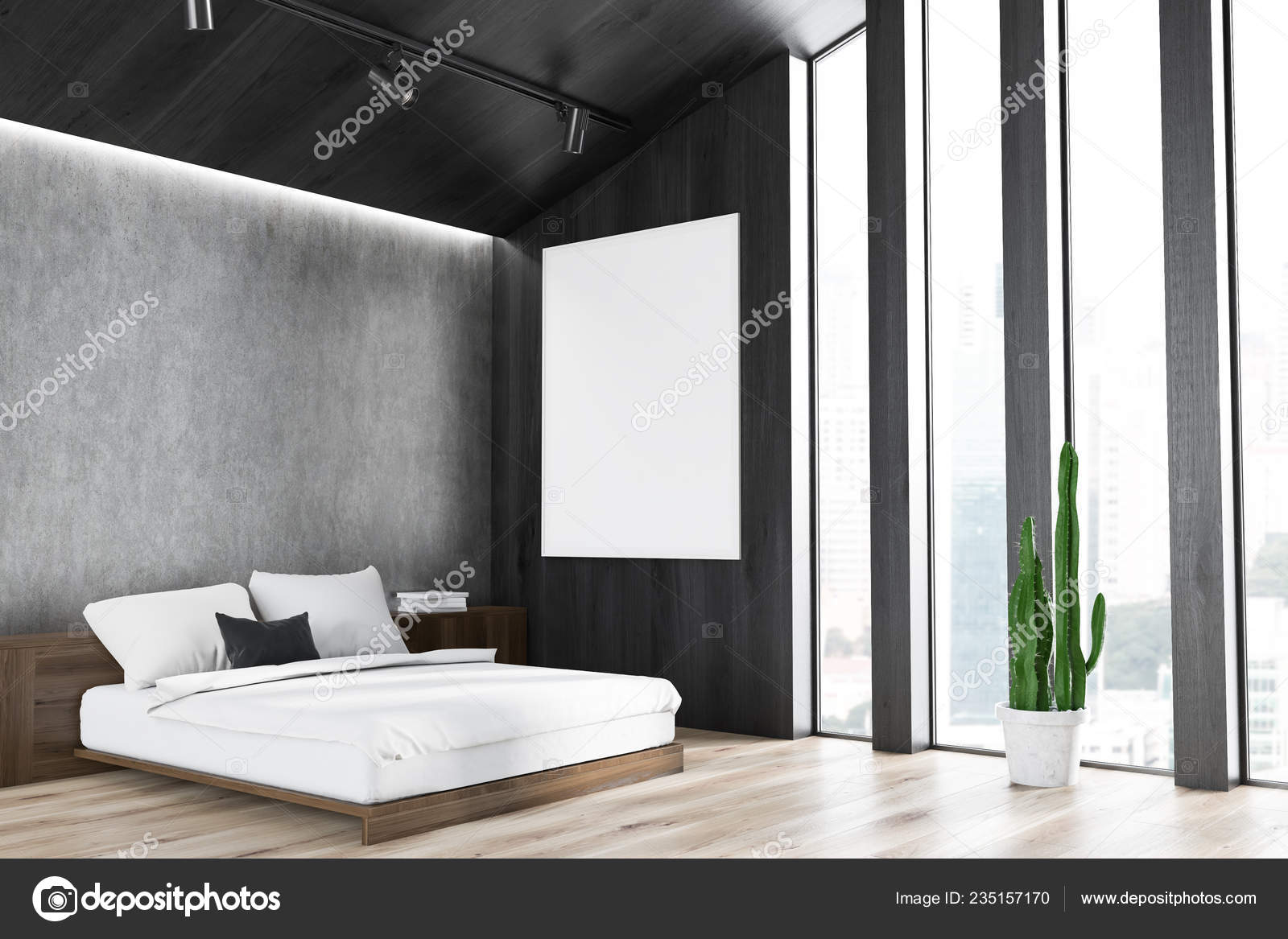 Corner Attic Bedroom Dark Wooden Gray Walls Wooden Floor