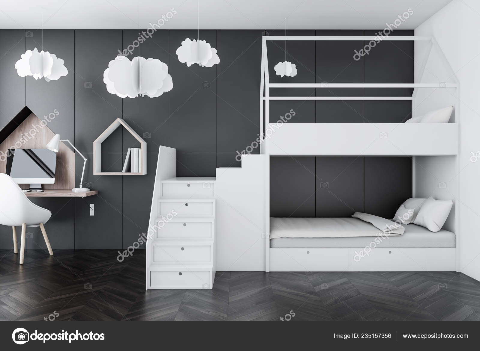 Interior Kids Bedroom Gray Walls Dark Wooden Floor White