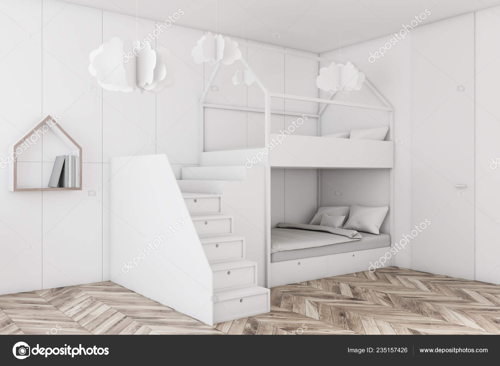 Corner Kids Bedroom White Walls Wooden Floor White Bunk Bed