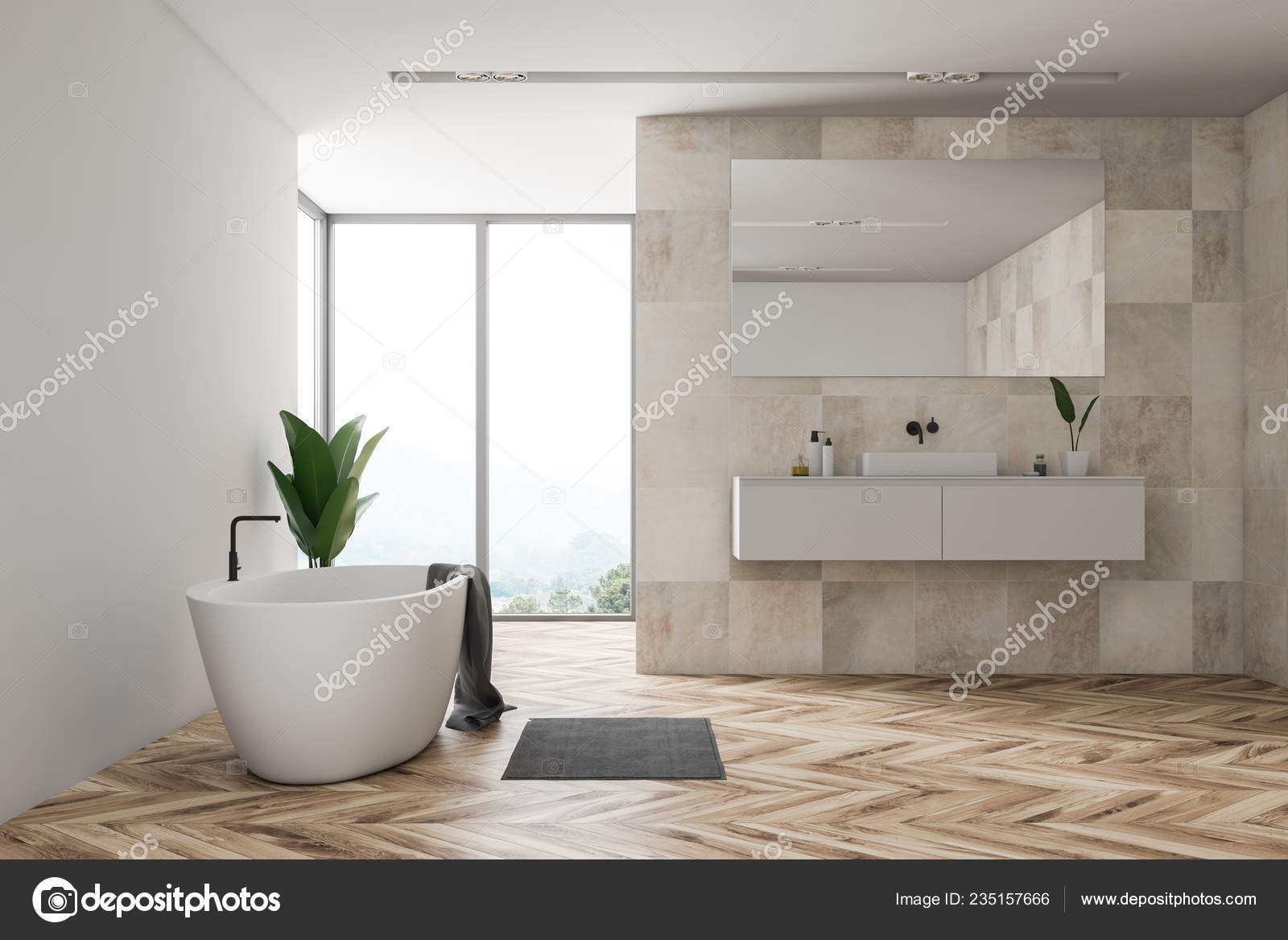 Interior Bathroom Beige Tile Walls Wooden Floor Large Window White