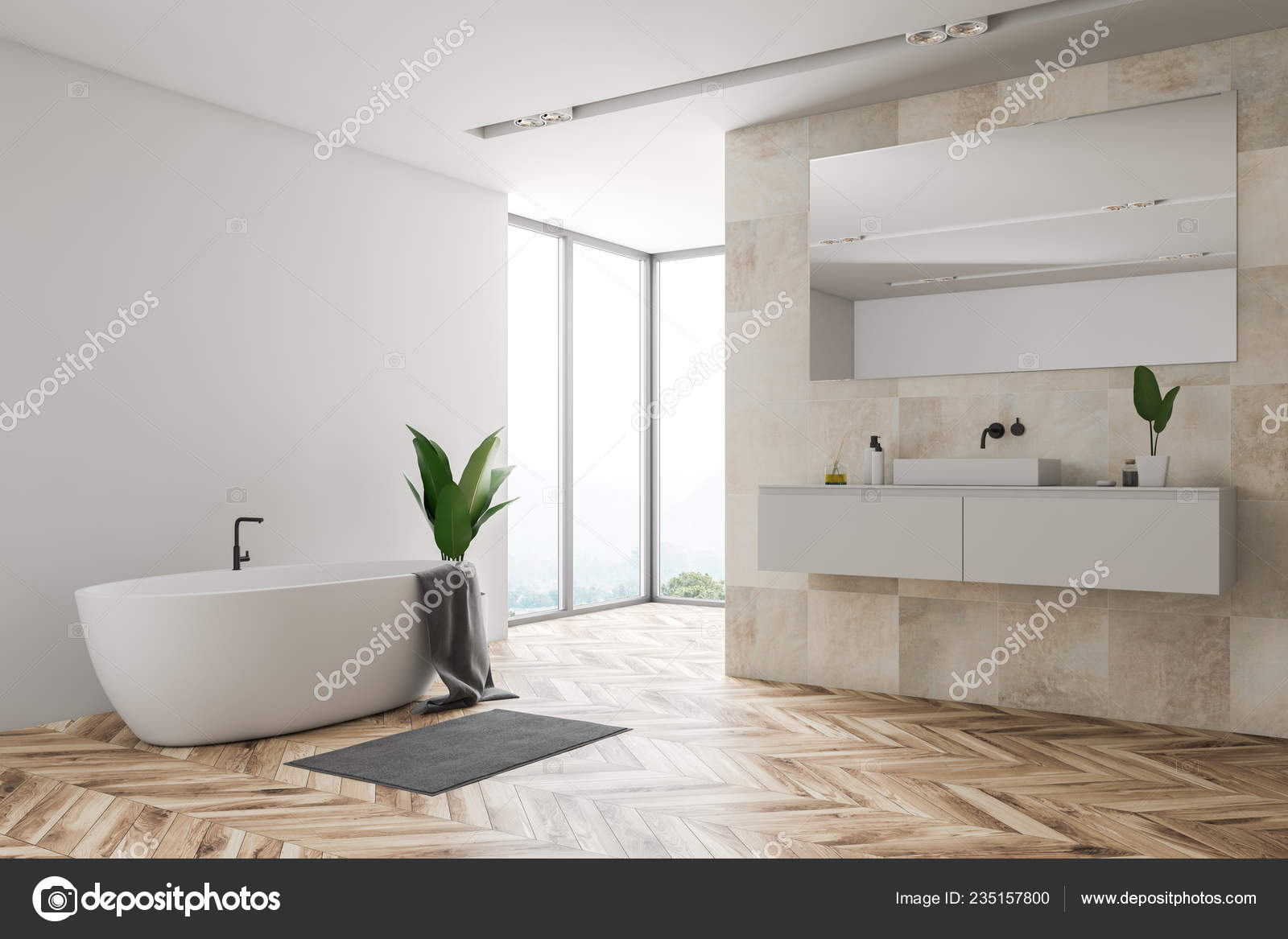 Corner Loft Bathroom White Beige Tile Walls Wooden Floor Large