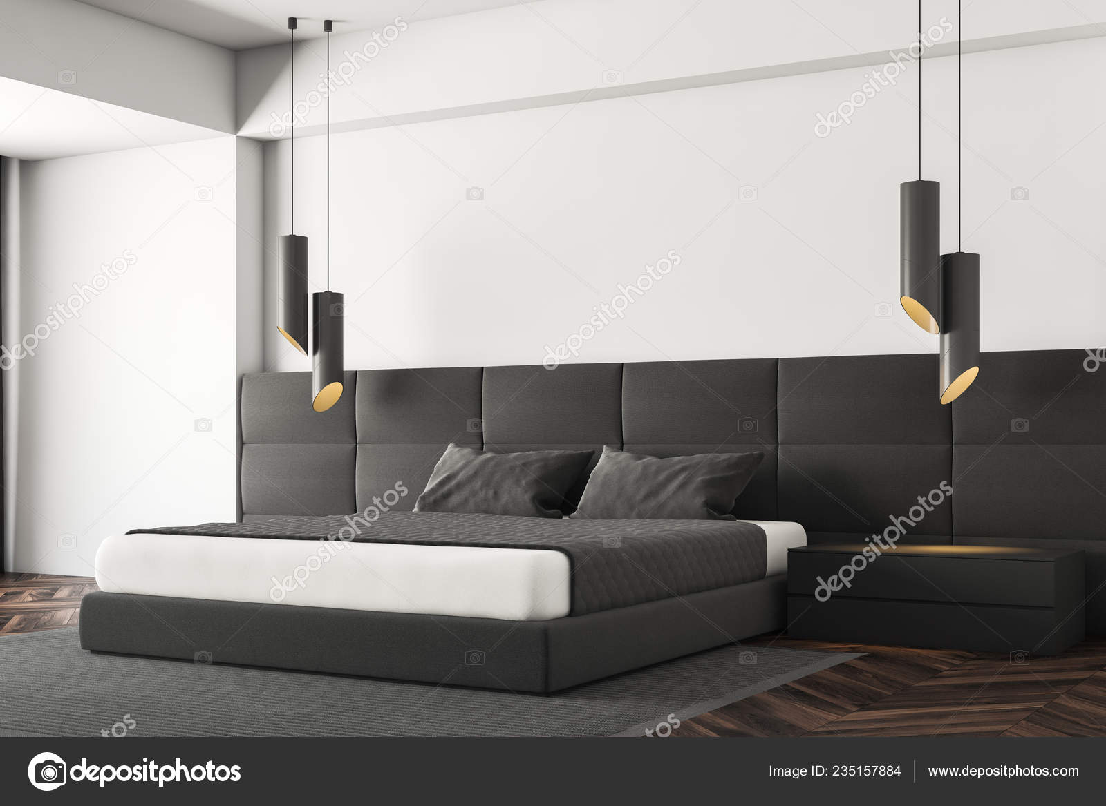 Corner Minimalistic Bedroom White Walls Dark Wooden Floor
