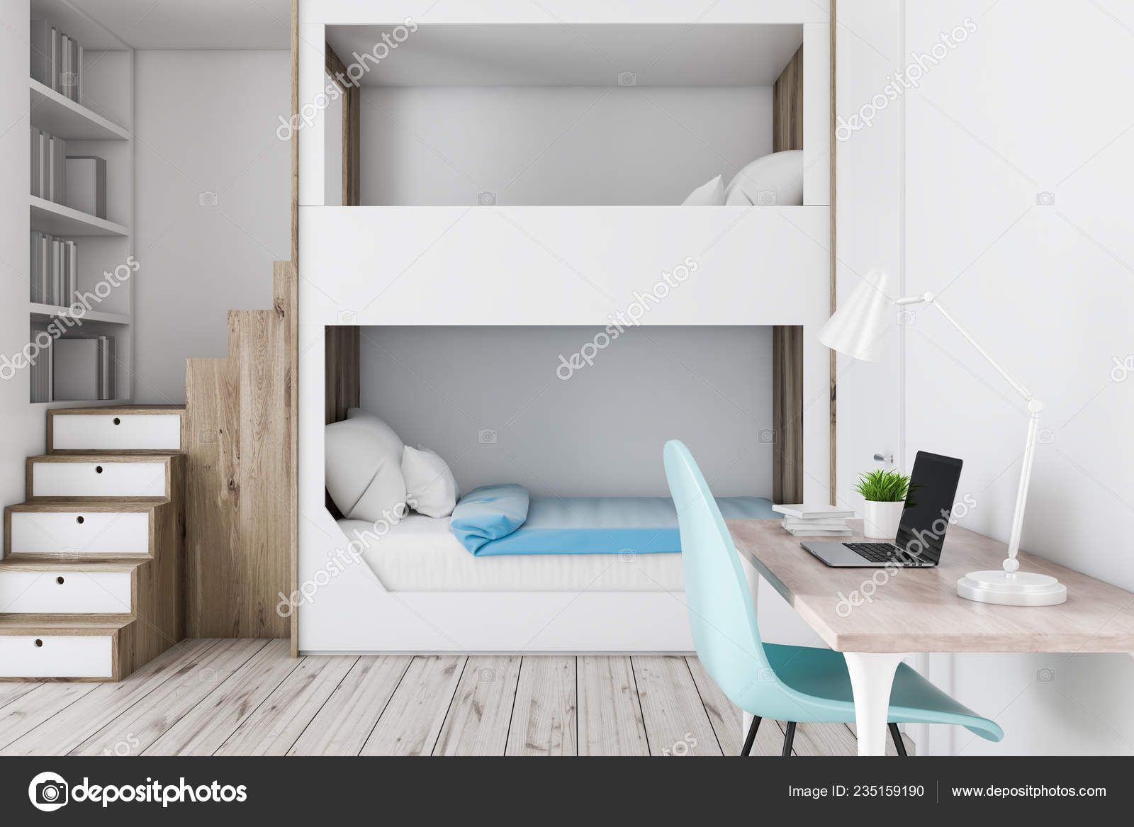 Interior Teenager Bedroom White Walls Wooden Floor Gray