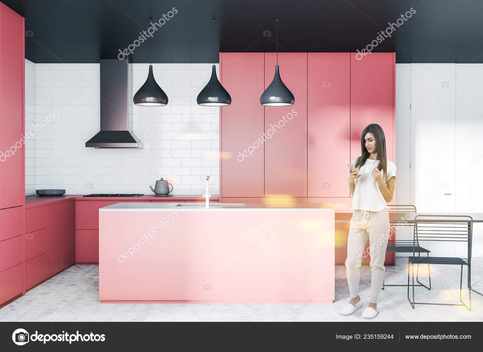 Womanin Interior Modern Kitchen White Brick Walls Concrete Floor