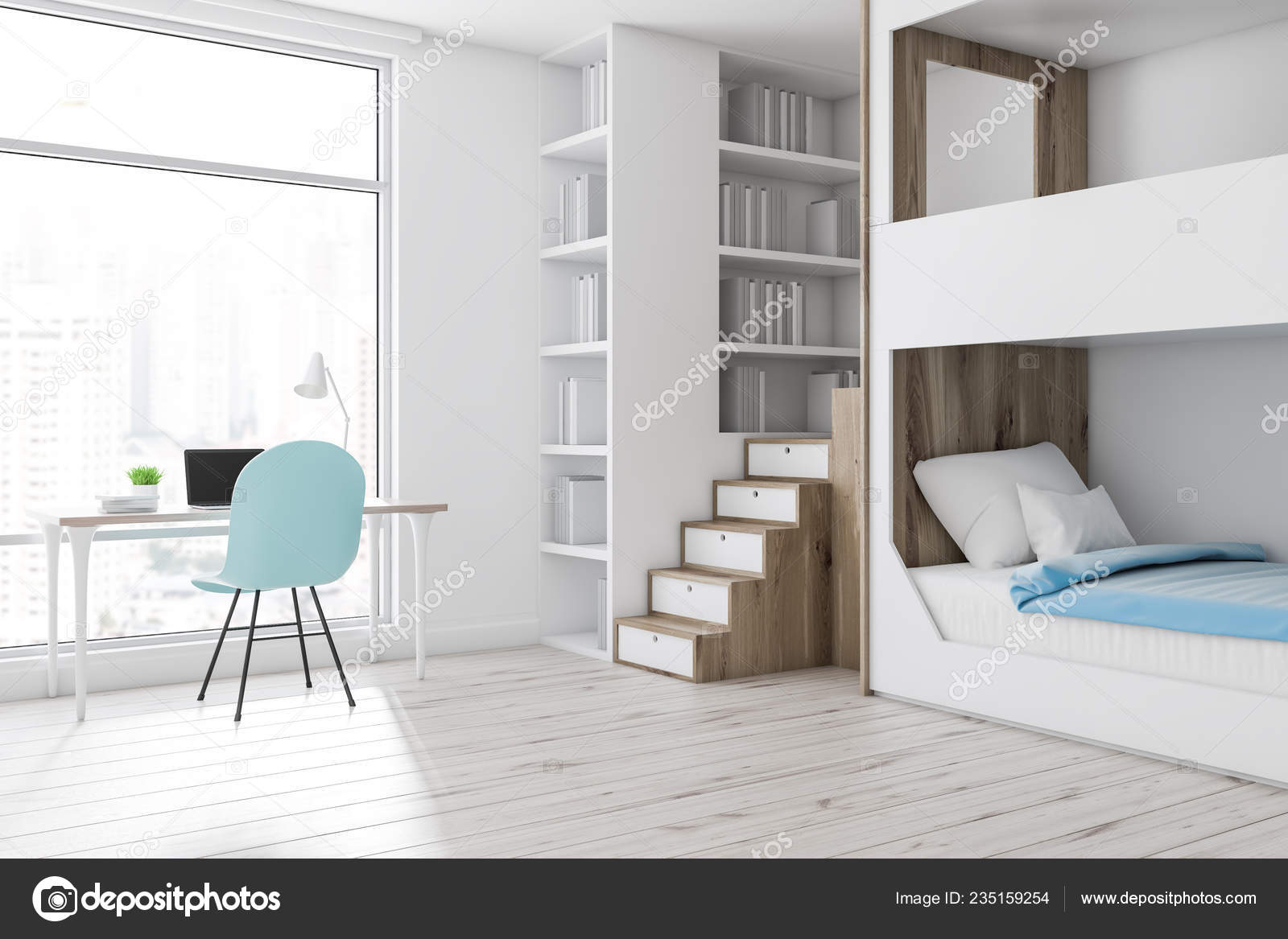 Corner Modern Bedroom White Walls Wooden Floor White Wooden