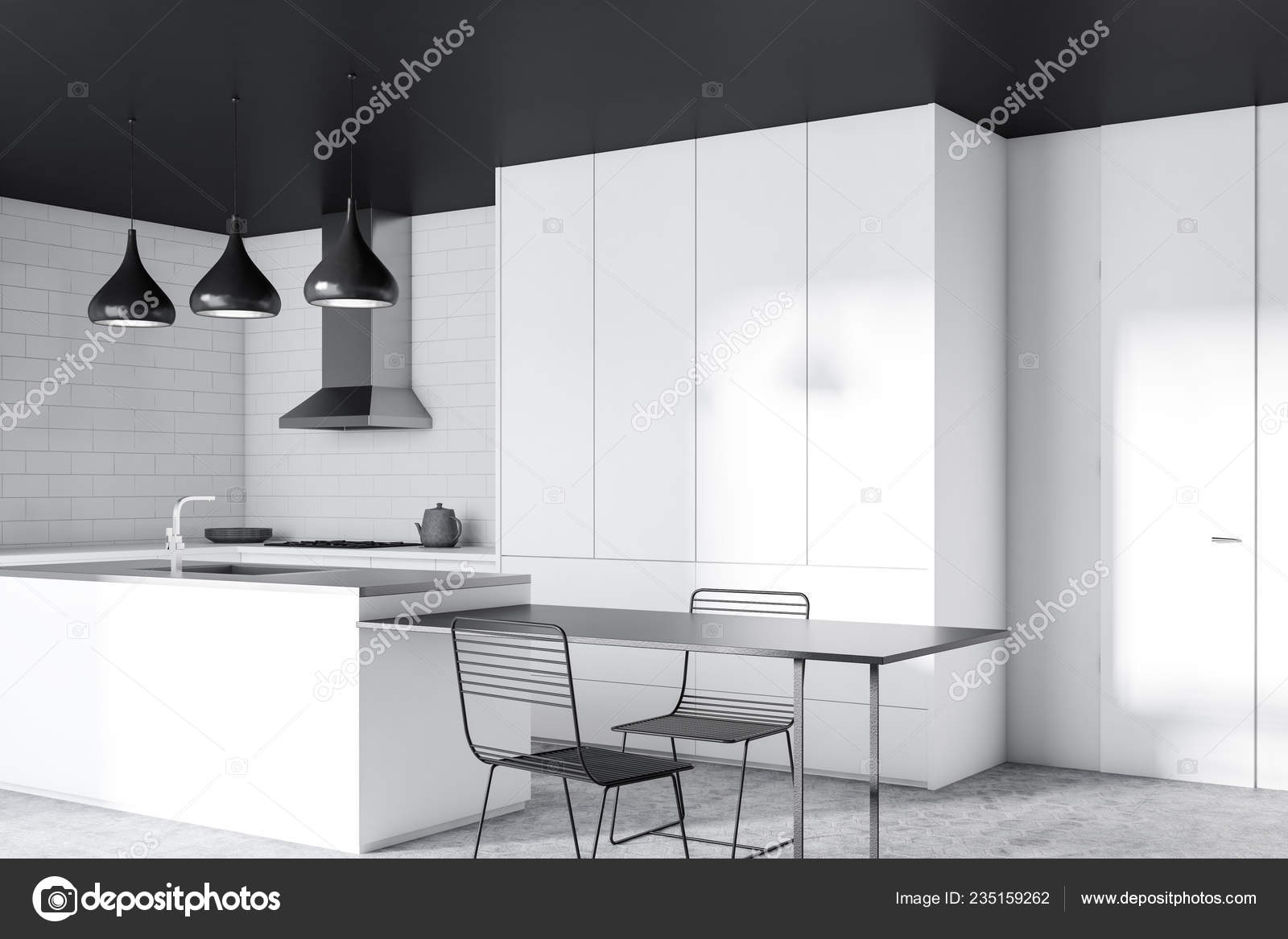 Corner Modern Kitchen White Brick Walls Concrete Floor Black