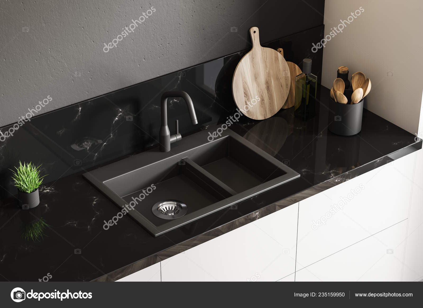 Top View Black Marble Kitchen Sink Standing White Countertop Room Stock Photo Image By C Denisismagilov Top View Black Marble Kitchen Sink Standing White Countertop Room Stock Photo Image By C Denisismagilov