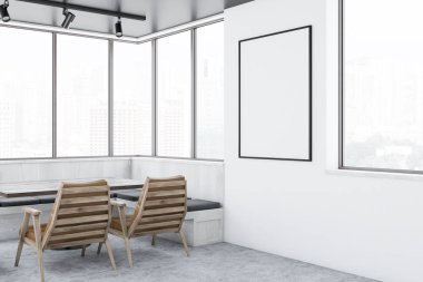 Beyaz ve beyaz ahşap duvarlar, petek desen kat, ahşap masa koltuklar ve banklar ve duvara dikey poster ile birlikte modern kafe köşesinde. 3D render alay