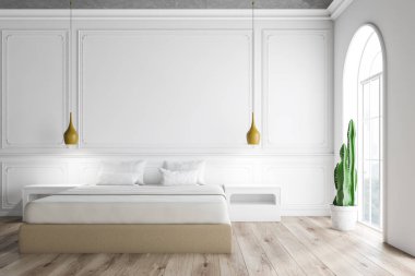 Beyaz duvarları, kemerli windows, ahşap zemin ve beyaz başucu masaları ile bej ana yatak yatak odası iç. 3D render
