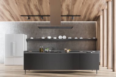 İç Gri duvarlar, ahşap zemin, gri mutfak tezgahı ile modern mutfak lavabo, gri bir ada bir Ocak, buzdolabı ve yemekleri ile bir raf ile inşa. 3D render