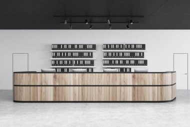Ahşap resepsiyon masası ayakta beyaz duvarlar, beton zemin, modern ofiste klasör ve iki beyaz kapı ile temizleyelim. 3D render