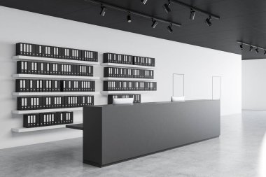 Resepsiyon masası ayakta beyaz duvarlar, beton zemin, raf klasörlerle ve iki beyaz kapı ile modern ofisindeki gri. 3D render