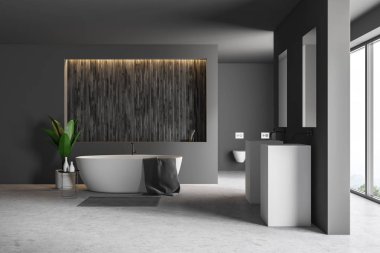 Gri ve ahşap duvarlar, beton zemin, beyaz küvet, iki kare lavabolar ve iki tuvalet banyo iç. 3D render