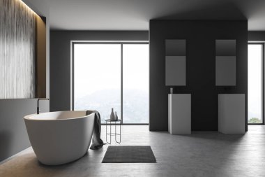 Üstlerindeki aynalar ile iç gri ve ahşap duvarlar, beton zemin, dağ manzarası, beyaz küvet ve iki kare ile büyük pencereler ile modern banyo lavabo. 3D render