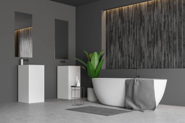 Gri ve ahşap duvarlar, beton zemin, halı yakınında beyaz banyo küvetinde ve iki aynalar ile çift lavabo banyo köşesinde. 3D render