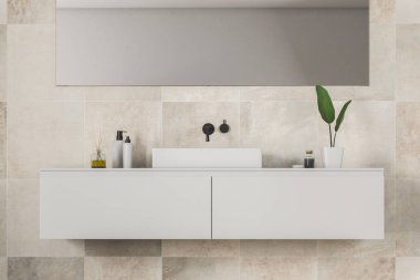 Yatay ayna banyo iç bej döşeme duvarlı üstünde asılı beyaz tezgah üzerinde ayakta beyaz lavabo. 3D render