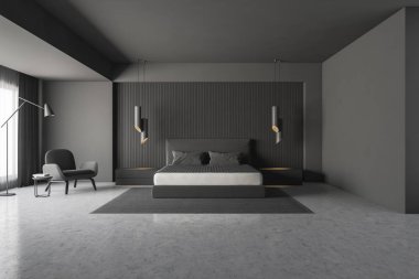 Gri duvarlar, beton zemin, halı ve gri koltukta duran gri yatak yatak odası iç. 3D render