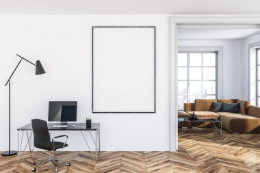 Beyaz duvarları, ahşap zemin, siyah sandalye, dikey poster ve oturma odası arka planda siyah mermer bilgisayar tablo ile ev ofis iç. 3D render alay
