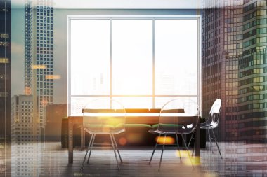 Beyaz yemek odası iç ahşap zemin, geniş pencere ve ahşap masa şeffaf sandalyeler ve yeşil kanepe ayakta yakınında. 3D render