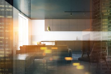 Beyaz duvarları, kahverengi dolaplar ve deri kanepe ve koltuk sehpa yakınındaki ile yemek odası köşe ile gri mutfak tezgahı ile modern mutfak iç. 3D render resim çift pozlama tonda