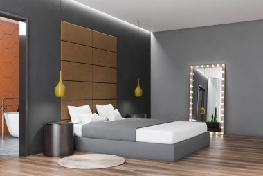 Gri duvarlar, ahşap zemin, yuvarlak başucu masaları ile gri karyola ve ayna ligth ampuller ile yatak odası köşesinde. 3D render