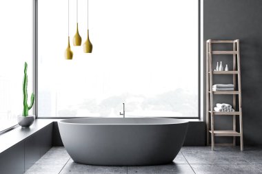 Gri duvarlar, kiremitli kat, beyaz küvet, havlu ve gri çekmeceli ahşap raflara panoramik banyo iç. 3D render