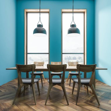 Mavi duvar, iki pencere, gri ve ahşap sandalye ve iki tavan lambaları ile ahşap masa ile dar yemek odası iç. 3D render