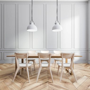 Gri panel duvarlar, ahşap zemin, beyaz ve ahşap sandalye ve iki tavan lambaları ile ahşap masa ile yemek odası iç. 3D render