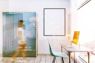 Ev ofis iç, mavi bir sandalye, bir gri dolabı ve dikey poster üstünde okul sırası ile bilgisayar tabloyla kadında. Tonlu görüntü çift pozlama görüntü kadar sahte