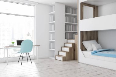 Beyaz duvarları, ahşap zemin, beyaz ve ahşap ranza yatak, bir kitaplık ve beyaz bilgisayar tabloyla mavi sandalye ile modern yatak odası köşesinde. 3D render