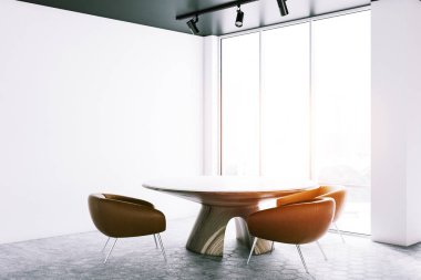 Modern yemek odası beyaz duvarlar, beton zemin, geniş pencere ve ahşap yuvarlak masa ile deri koltuklar ile köşesinde. 3D render tonlu görüntü