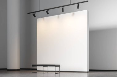 Yan görünüm Galeri beyaz duvarlar, beton zemin, siyah bir tezgah ve duvarın üstünde ışıklar. 3D render alay