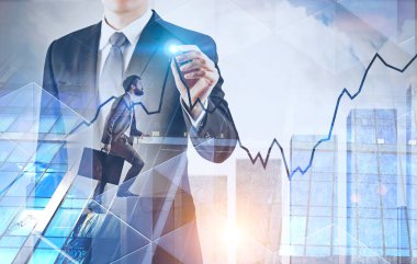 Çubuk grafik grafik gökdelen arka plan üzerinde çizim tanınmaz işadamı çift pozlama ile tırmanma bavul ile iş adamı. Tonlu görüntü