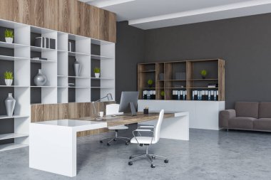 Gri duvarlar, beton zemin, beyaz sandalyeleri, kitaplık vazolar ve kanepeli duvarın yanında beyaz ve ahşap bilgisayar masa müdür ofis iç. 3D render