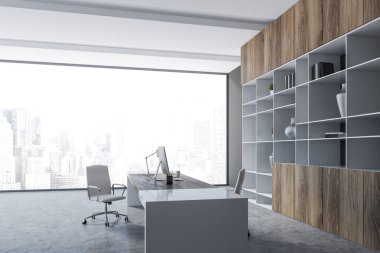Panoramik müdür ofis Gri duvarlar, beton zemin, beyaz koltukları ve kitaplık vazo ile beyaz ve ahşap bilgisayar tabloyla iç. 3D render