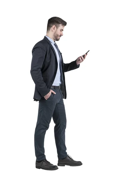 Full Length Side View Isolated Portrait Bearded Young Businessman Wearing — Stock Photo, Image