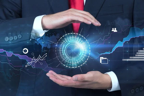 Tanınmayan işadamı kırmızı kravat hud ve iş infographics arayüzü tutan eller. Görüntü çift pozlama Nasa tarafından döşenmiş bu görüntü unsurları tonda