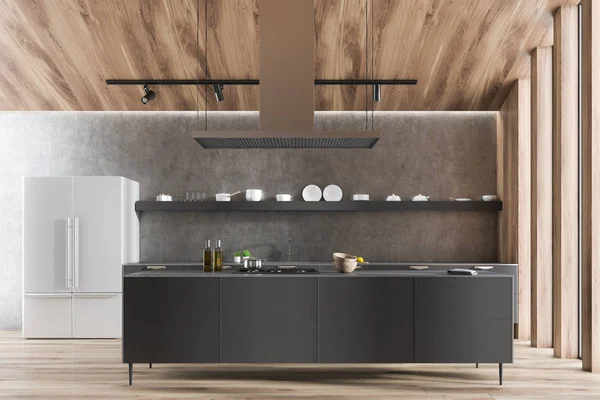 Interieur Van Moderne Keuken Met Grijze Muren Houten Vloer Grijze — Stockfoto