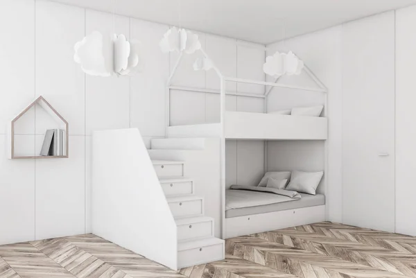 Corner of kids bedroom with white walls, wooden floor, white bunk bed and house shaped bookshelf. Paper clouds. 3d rendering