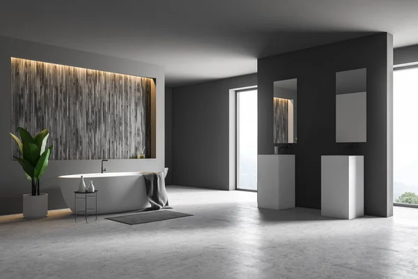 Roh Moderní Koupelnu Šedé Dřevěné Stěny Betonová Podlaha Bílá Vana — Stock fotografie