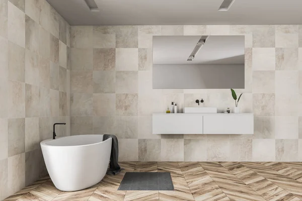 Interior Modern Bathroom Beige Tile Walls Wooden Floor White Sink — Stock Photo, Image