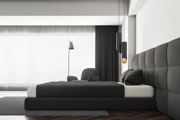 어두운 테이블 안락의 마스터 침대와 현대적인 침실의 렌더링 — 스톡 사진