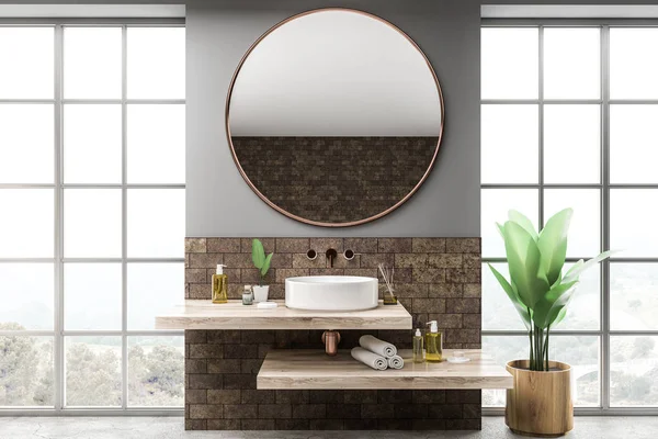 Bathroom Sink Standing Wooden Shelf Room Brick Gray Walls Concrete — Stock Photo, Image