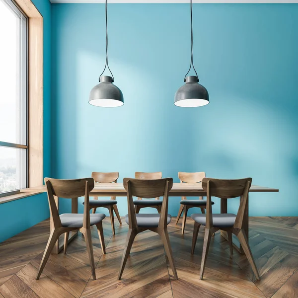 Interior of dining room with blue walls, wooden floor and wooden table with gray and wooden chairs. 3d rendering