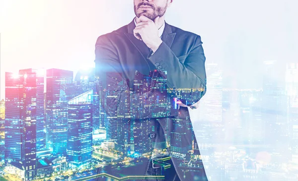 Unrecognizable Pensive Businessman Portrait Night Cityscape Background Concept Decision Making — Stock Photo, Image