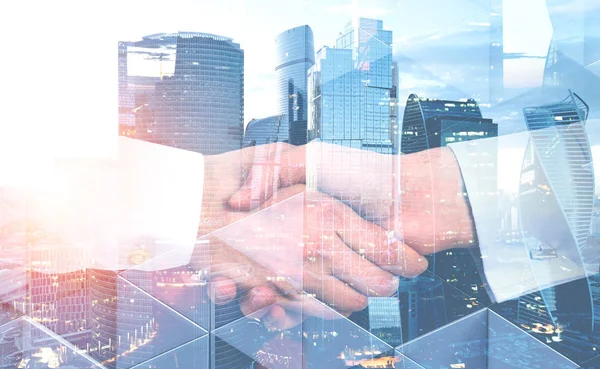 Close Two Unrecognizable Businessmen Shaking Hands Modern Cityscape Background Concept — Stock Photo, Image