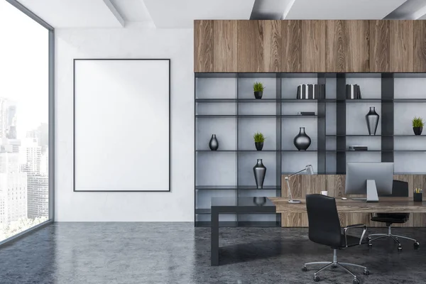 Interior of manager office with white walls, gray floor, gray and wooden computer table with black chairs, bookcase with vases and vertical poster on the wall. 3d rendering mock up