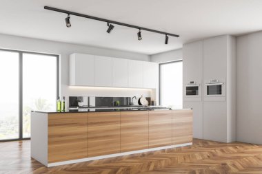 Beyaz duvarları, ahşap zemin, beyaz mutfak tezgahı ve dolapları, ahşap ve gri bir ada ve duvardaki iki fırın ile modern mutfak köşesinde. 3D render