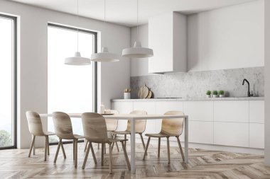 Beyaz duvarları, ahşap zemin, lavabo ve fırın ile beyaz mutfak tezgahı ve tablo ahşap sandalye ile modern mutfak köşesinde. 3D render