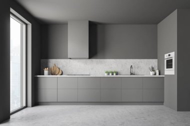 Minimalist mutfak iç ile gri duvarlar, beton zemin, çatı penceresi ve gri ve taş mutfak tezgahı ile inşa lavabo ve tencere. 3D render